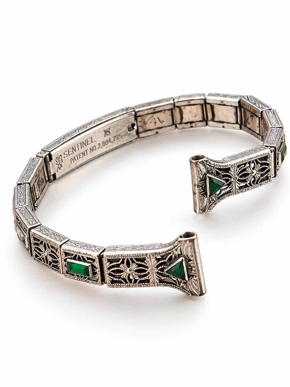 Vintage Art Deco Sentinel Watch Band Green Stones Filigree Pat’d Fold Bracelet